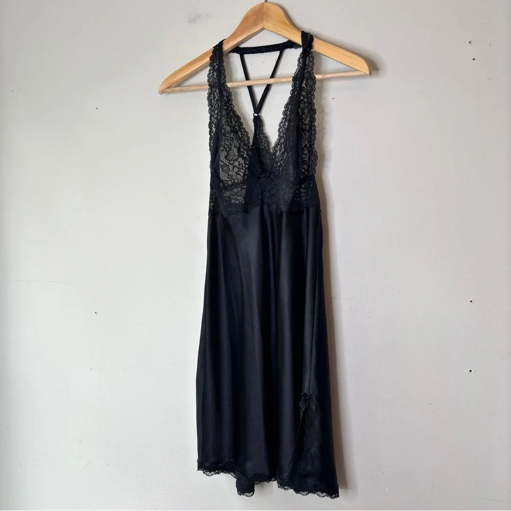 Vicoria's Secret Black Satin Lace Slip Dress Babydoll Lingerie Nightgown Size M - Picture 10 of 11